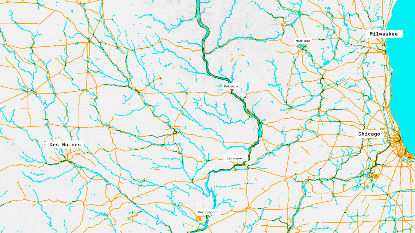 Map depicting the coincidence of railways and waterways in the US