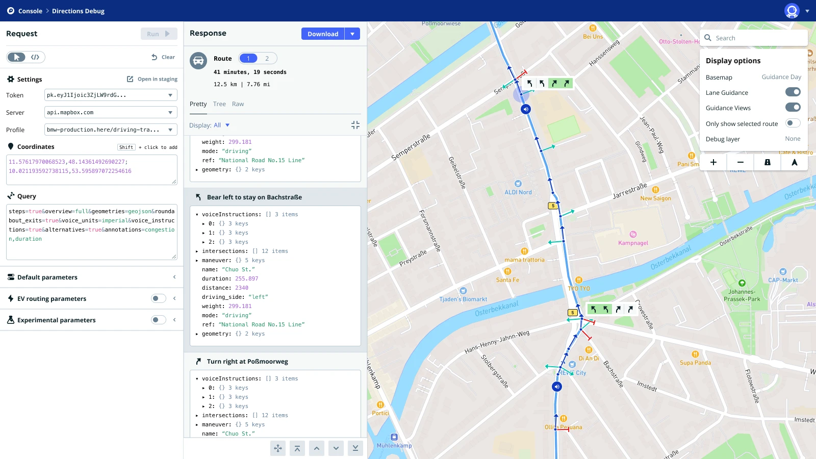 Mapbox Directions Debug Tool