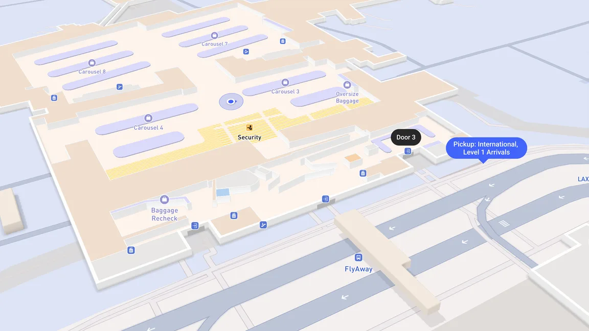 Indoor map of the LAX arrivals and pick-up area in Mapbox Standard
